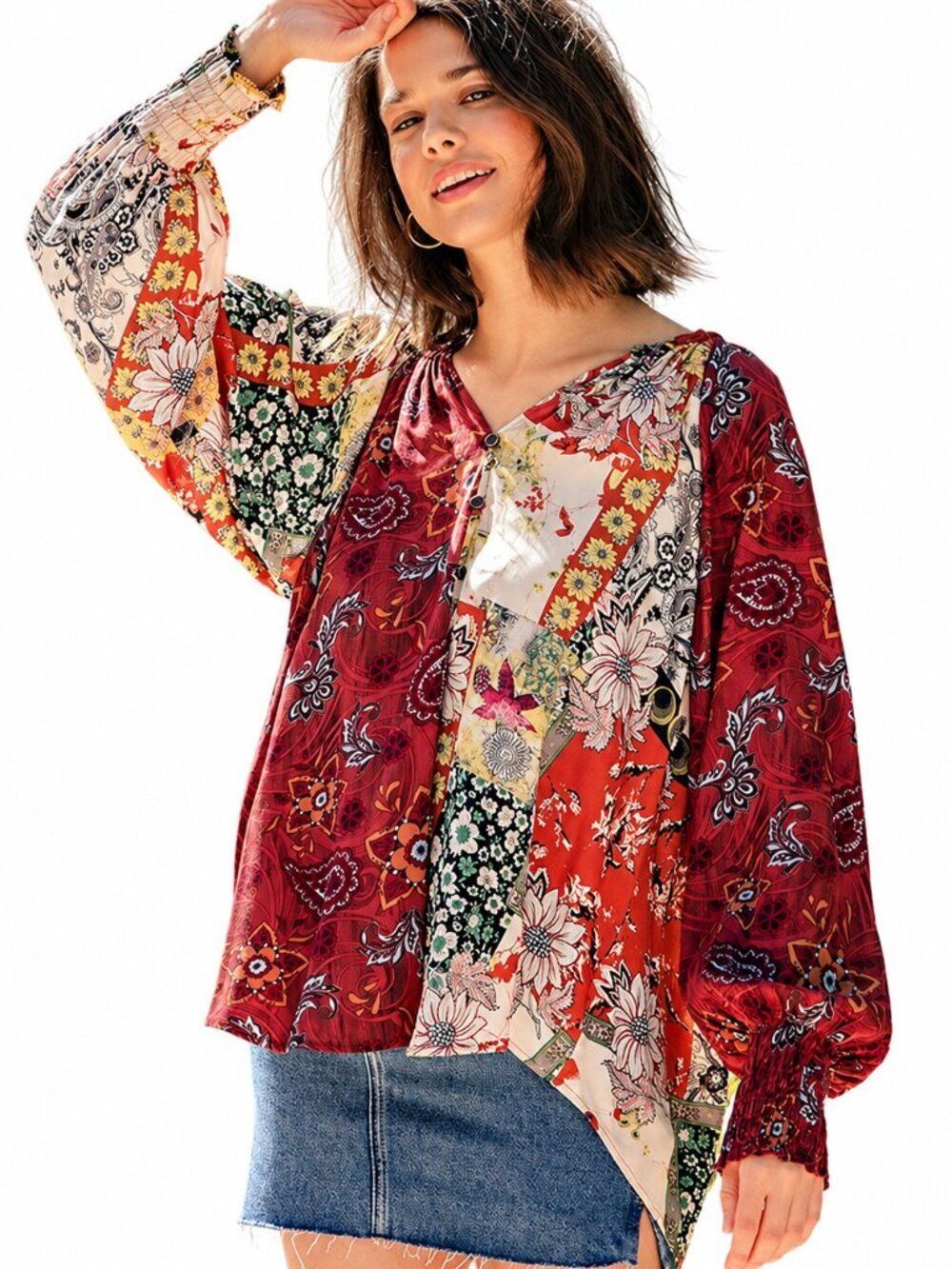 New GIGIO L 12 14 Byzantine Garden Mixed Print V Neck Flowy Hi-Low Hem Top